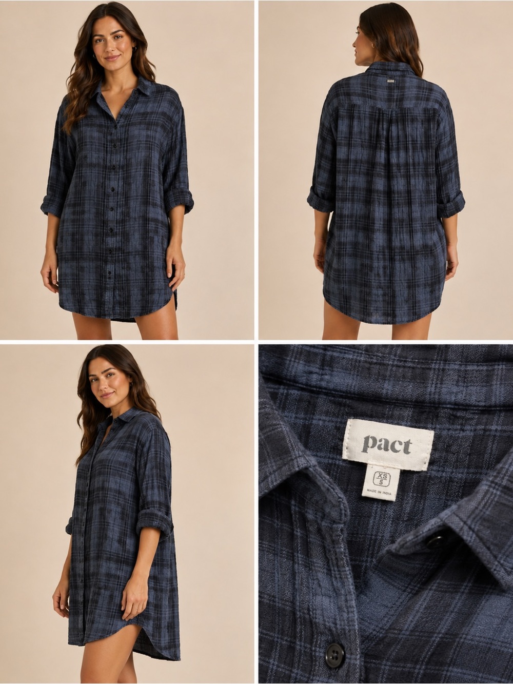 Pact Navy and Black Plaid Button-Front Mini Shirt Dress